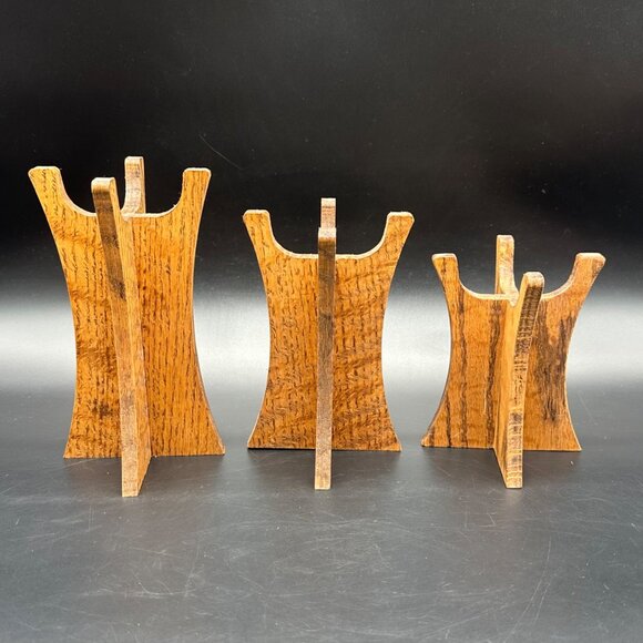 Vintage Mid Century Modern Wooden Candle Holder Display Stands Retro Set of 3 - Picture 3 of 12